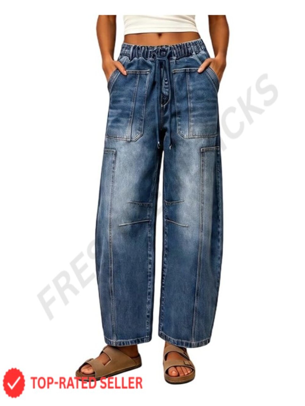Women's Barrel Jeans Elastic Waist Drawstring Baggy Wide Leg Pants
